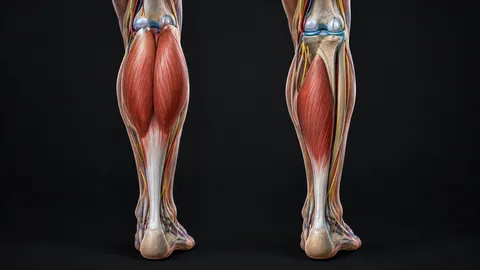 Two views of the lower leg from behind: the two-headed gastrocnemius, and the deeper soleus beneath it