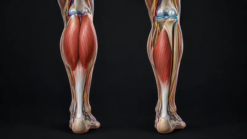 Two views of the lower leg from behind: the two-headed gastrocnemius, and the deeper soleus beneath it