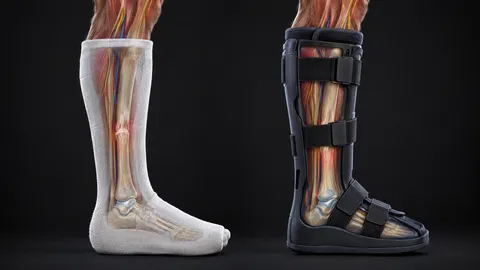 The same healing shin fracture shown in a white cast and in a black walking boot, side by side