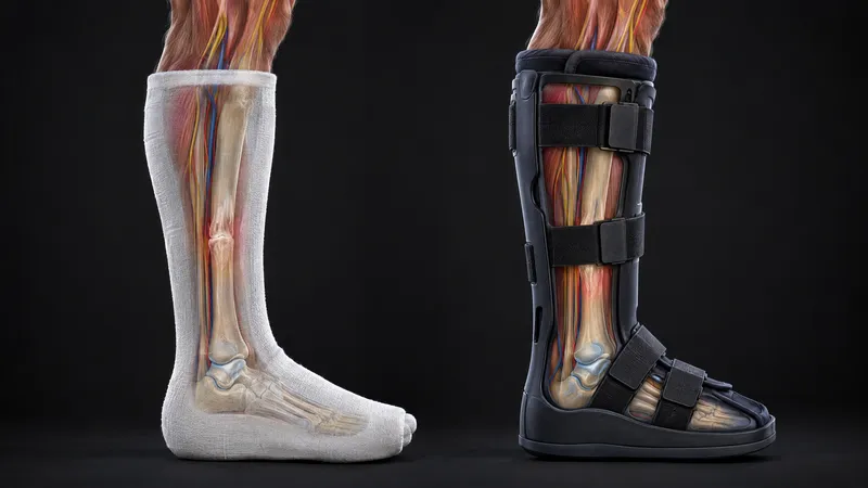 The same healing shin fracture shown in a white cast and in a black walking boot, side by side