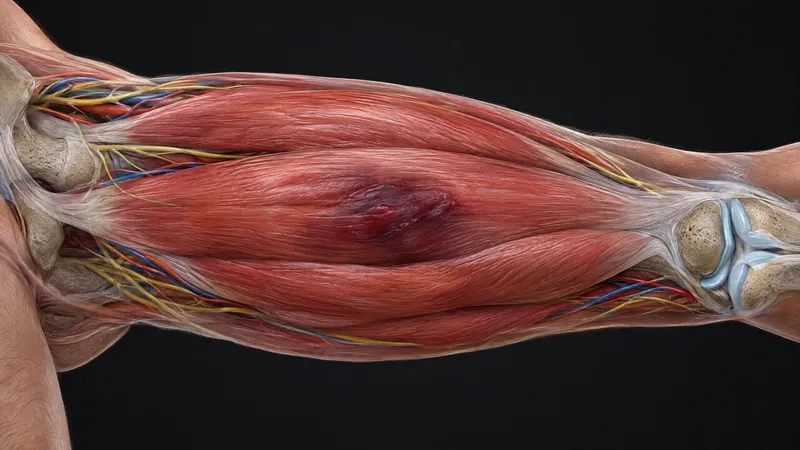 Front of the thigh showing a deep bruise in the quadriceps muscle against the thigh bone