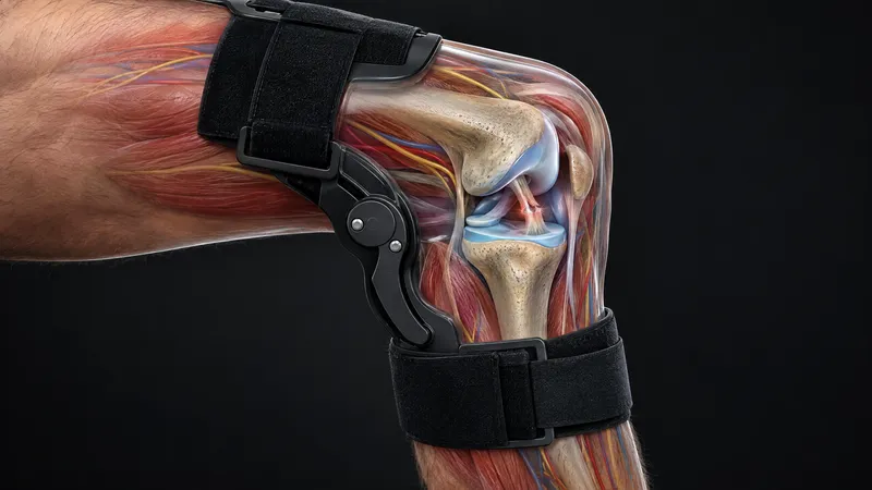Knee held bent at 90 degrees in a hinged brace, with the healing anterior cruciate ligament shown inside the joint