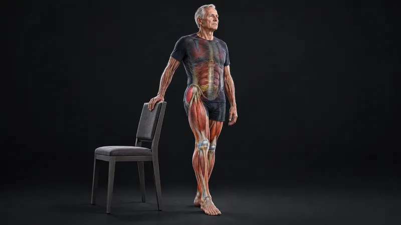 Older man standing heel to toe with one hand on a chair, with the leg and hip muscles that keep him steady shown