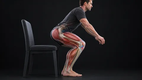 Man rising from a chair with the thigh, hip and calf muscles around the knee shown