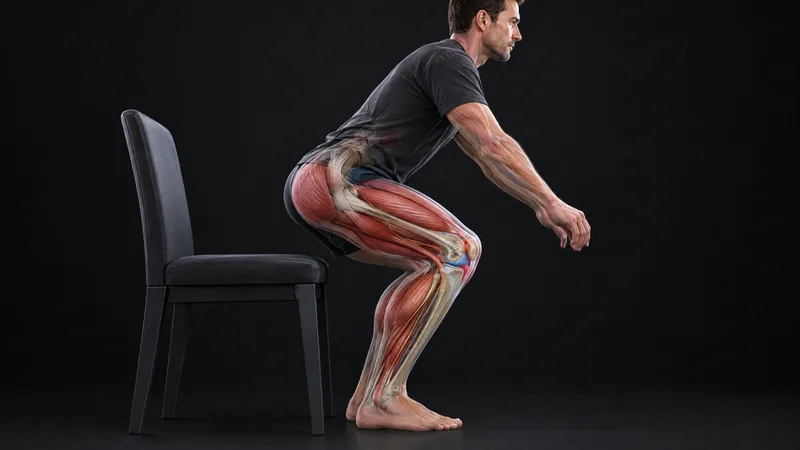 Man rising from a chair with the thigh, hip and calf muscles around the knee shown