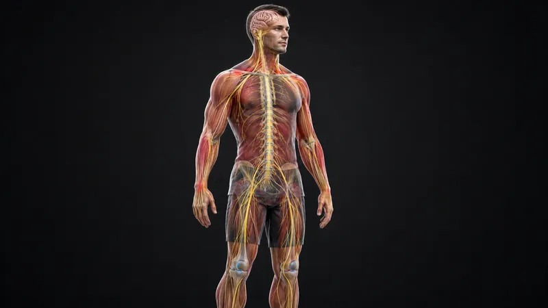 Man standing with the brain, spinal cord and nerves shown, and widespread tender areas over the shoulders, back and hips