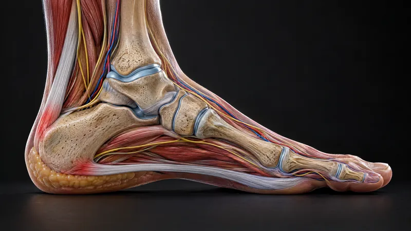 Side of the foot showing sore areas under the heel at the plantar fascia and at the back of the heel at the Achilles tendon