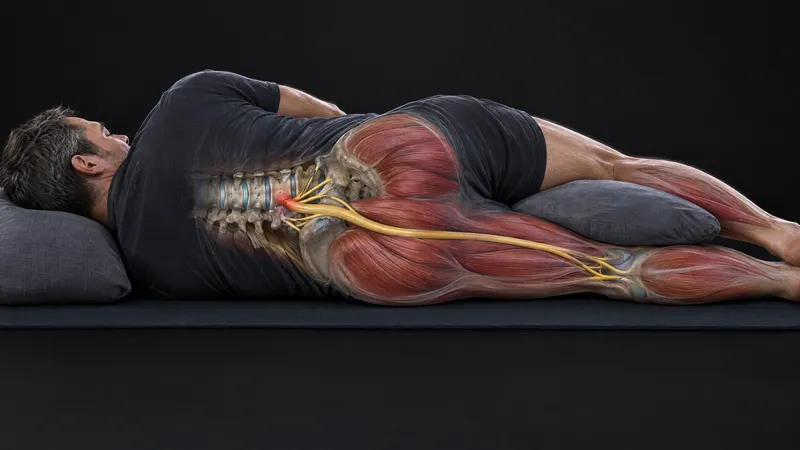 Man resting on his side with the sciatic nerve shown running from the lower spine down the back of the thigh