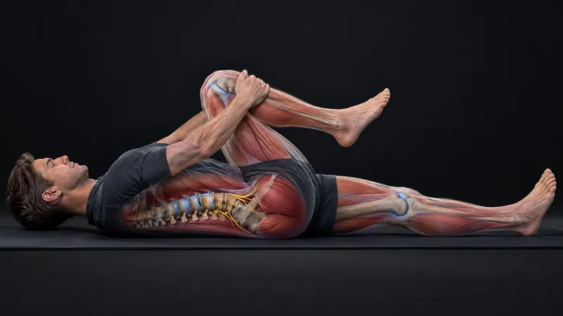 Man lying on his back drawing one knee to his chest, with the lower spine and back muscles shown