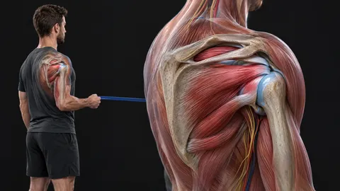 Man doing a band external rotation with his elbow at his side, beside a close-up of the rotator cuff muscles on the shoulder blade