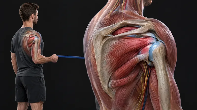 Man doing a band external rotation with his elbow at his side, beside a close-up of the rotator cuff muscles on the shoulder blade