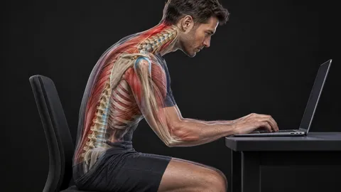 Man at a laptop with his head forward and shoulders rounded, with the spine, shoulder blade and chest muscles shown