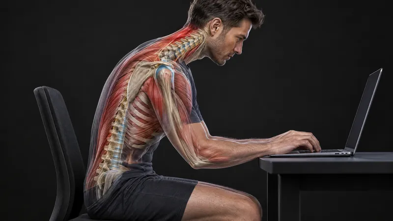 Man at a laptop with his head forward and shoulders rounded, with the spine, shoulder blade and chest muscles shown