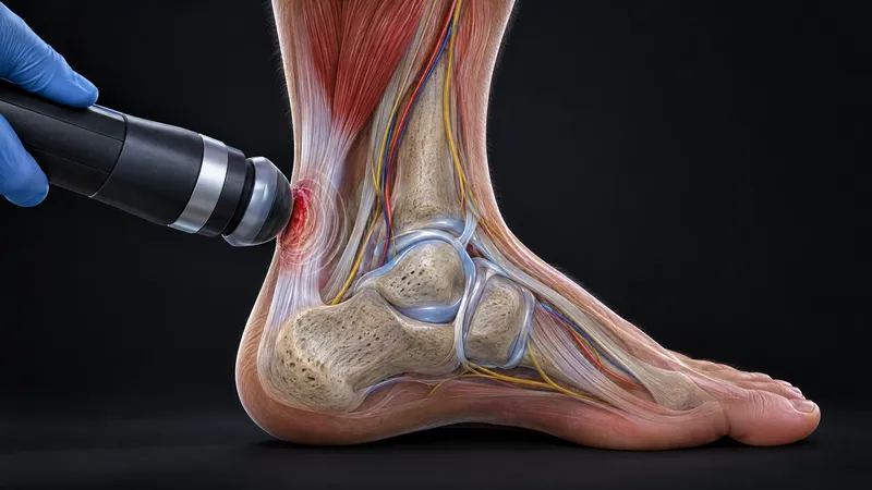 Shockwave applicator held against the Achilles tendon above the heel, with pressure waves entering the tendon