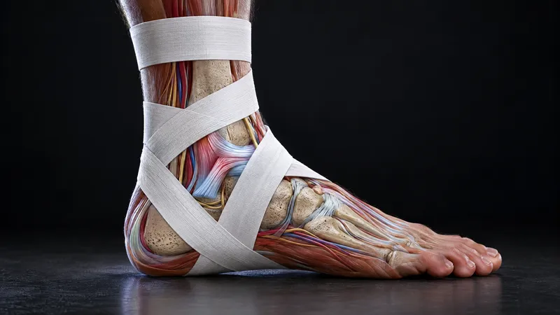 Ankle wrapped in rigid sports tape with the outer ankle ligaments shown beneath it