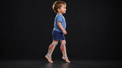 Toddler boy walking on tiptoes with the calf muscles and Achilles tendons shown in his lower legs