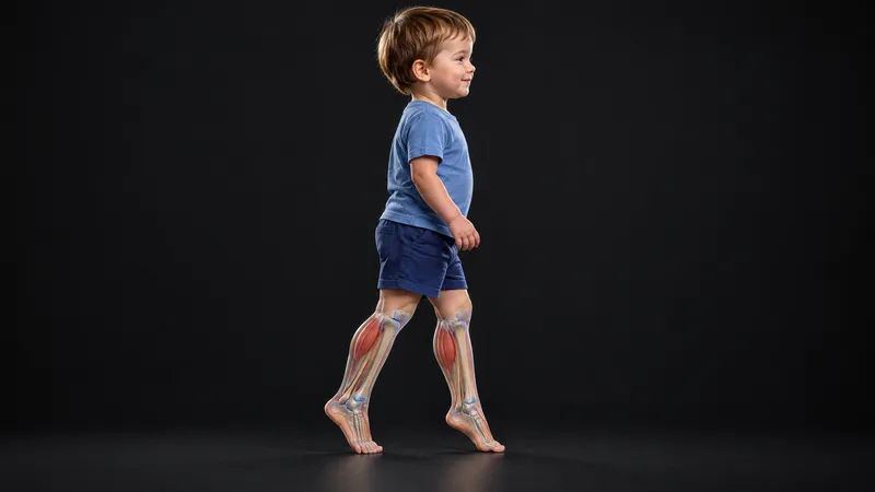Toddler boy walking on tiptoes with the calf muscles and Achilles tendons shown in his lower legs