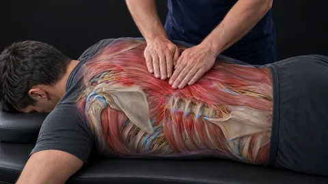 Physiotherapist's hands resting on a man's mid back, with the spine, ribs and shoulder blades shown beneath