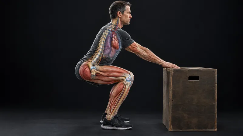 Man squatting to a box with the leg muscles, heart and lungs shown