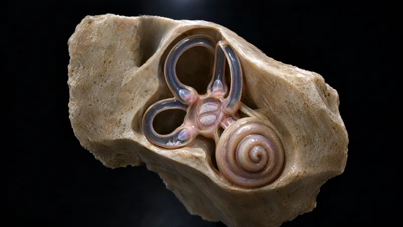 Cutaway of the inner ear showing the three balance canals, loose crystals in one canal and the snail-shaped cochlea