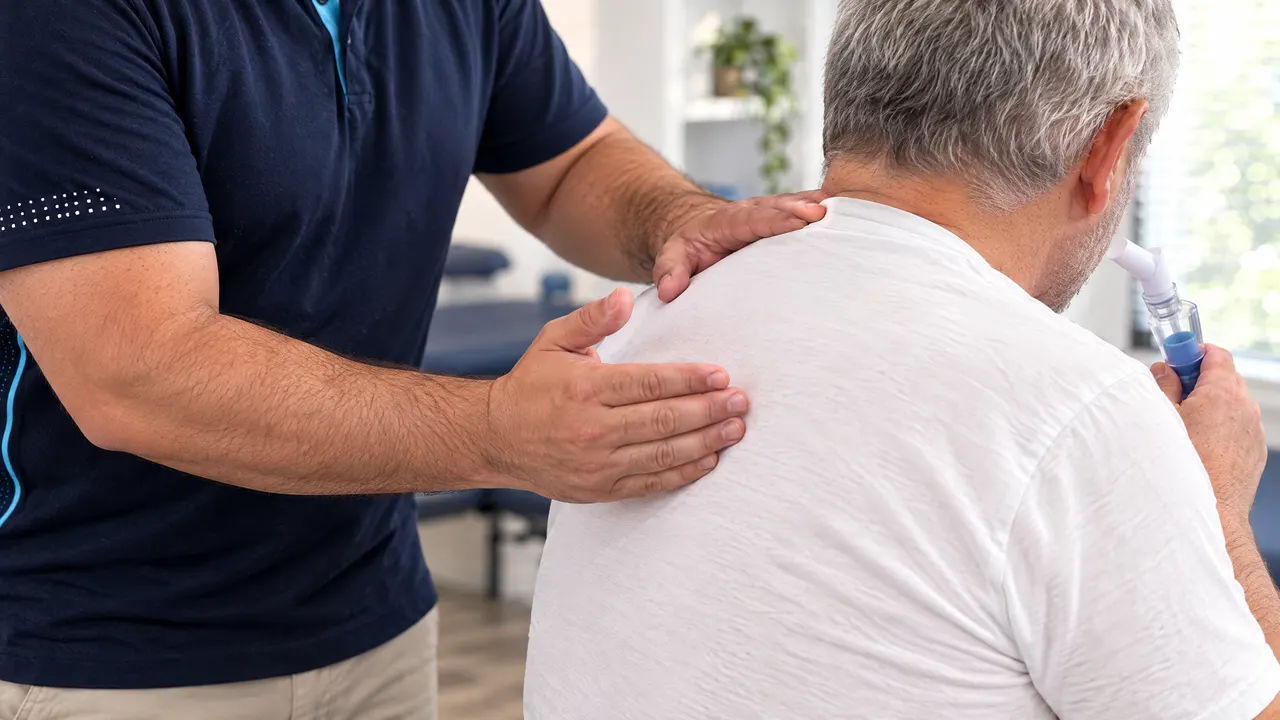 Close-up of chest percussion on an older man’s upper back while he uses an airway clearance device