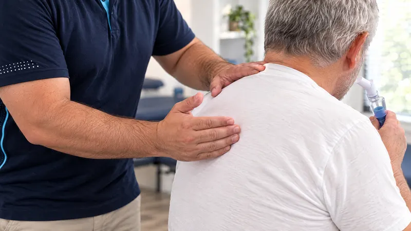 Close-up of chest percussion on an older man’s upper back while he uses an airway clearance device