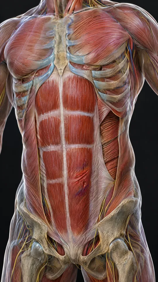 Front of the trunk showing the layered abdominal muscles with a small strain in one side