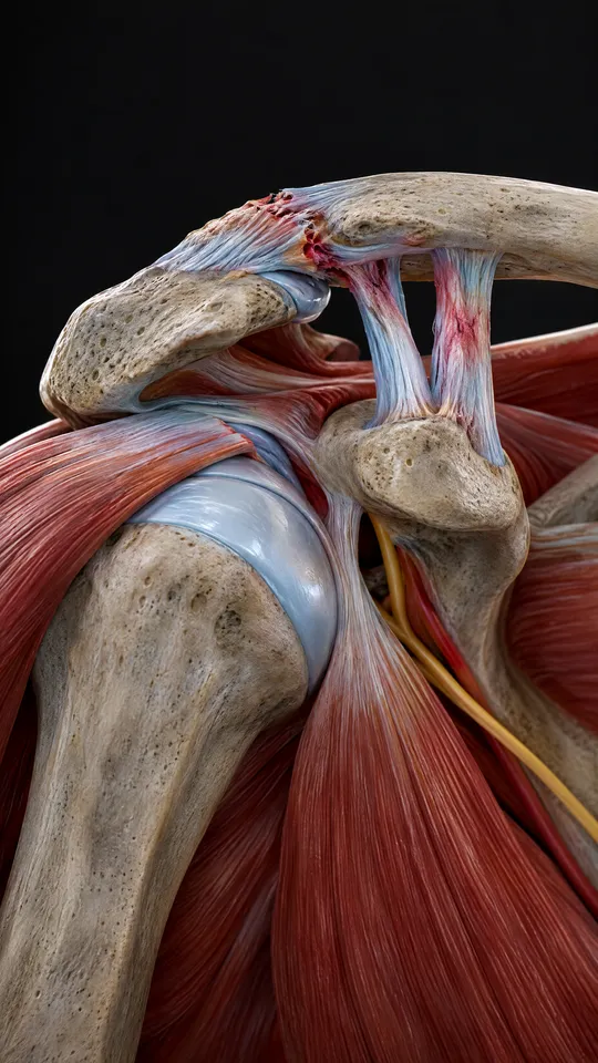 Top of the shoulder showing the small joint between the collarbone and the shoulder blade with stretched ligaments