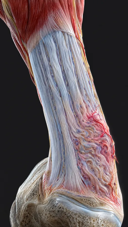 Close view of the Achilles tendon above the heel with an area of thickened, disorganised fibres