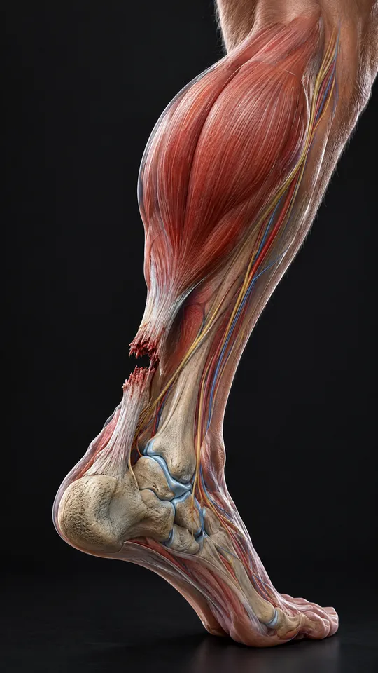 Side of the lower leg showing the Achilles tendon torn through above the heel