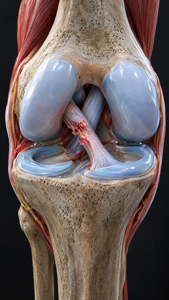 Inside the knee joint showing a torn anterior cruciate ligament crossing in front of the intact posterior ligament