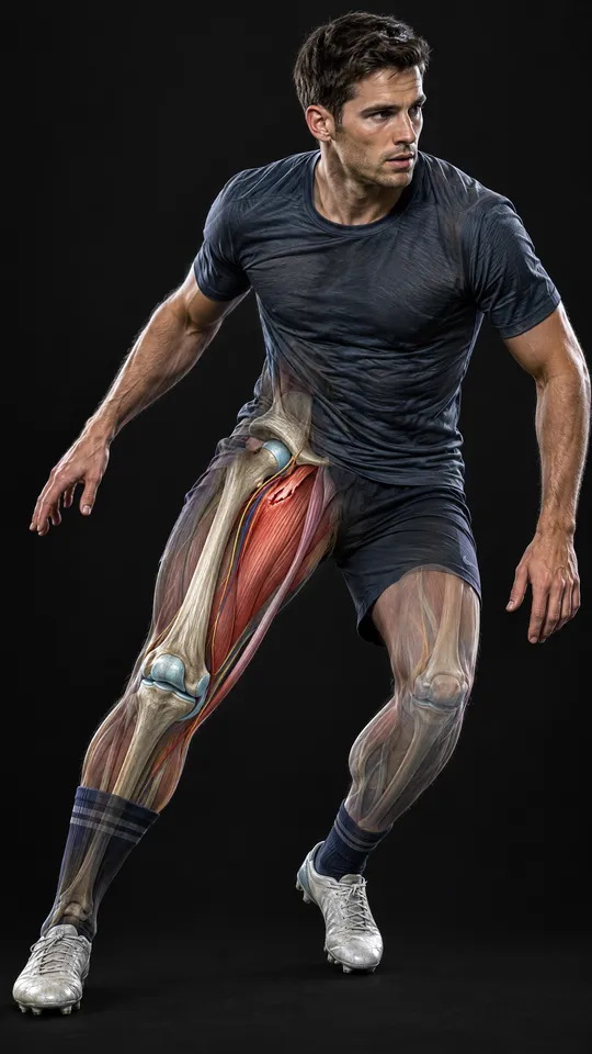 Footballer changing direction with the inner thigh muscles shown and a strain near the top