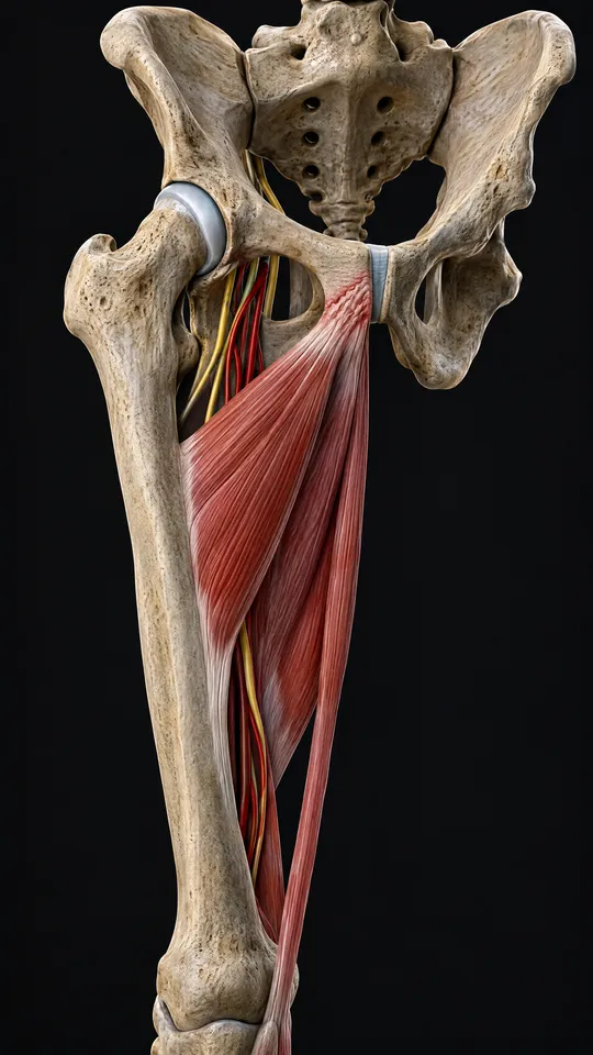 Pelvis and upper thigh showing the inner thigh tendon thickened where it attaches to the pubic bone, with no tear