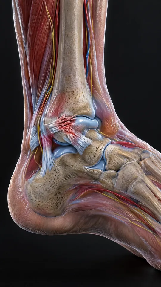 Outer ankle showing the ligaments between the outer ankle bone and the foot, one of them overstretched and torn