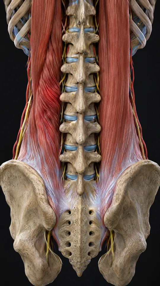 Lower back from behind showing the spine with a column of muscle on each side, one bunched and tight, the other relaxed