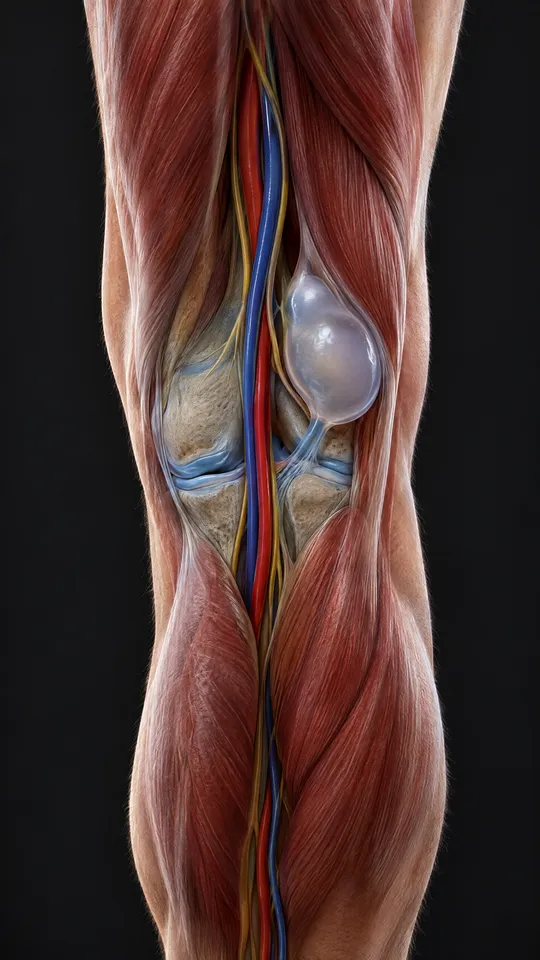 Back of the knee showing a fluid-filled cyst beside the tendons and calf muscle