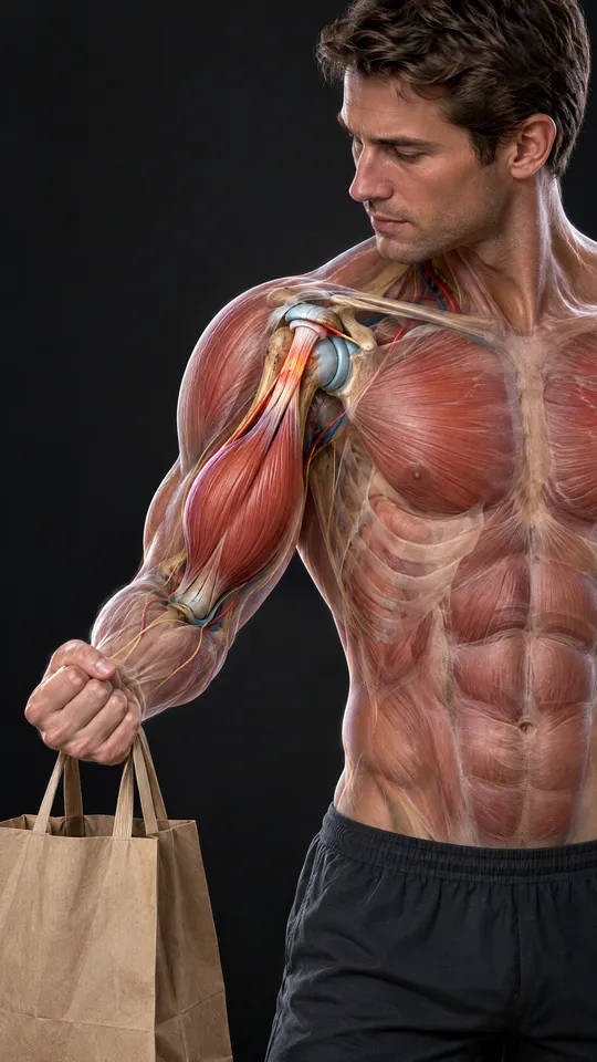 Front of the shoulder showing the biceps tendon irritated in its groove at the top of the arm bone