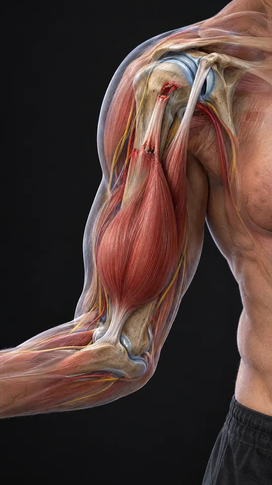 Upper arm and shoulder showing a ruptured biceps tendon at the shoulder and the muscle bunched lower in the arm