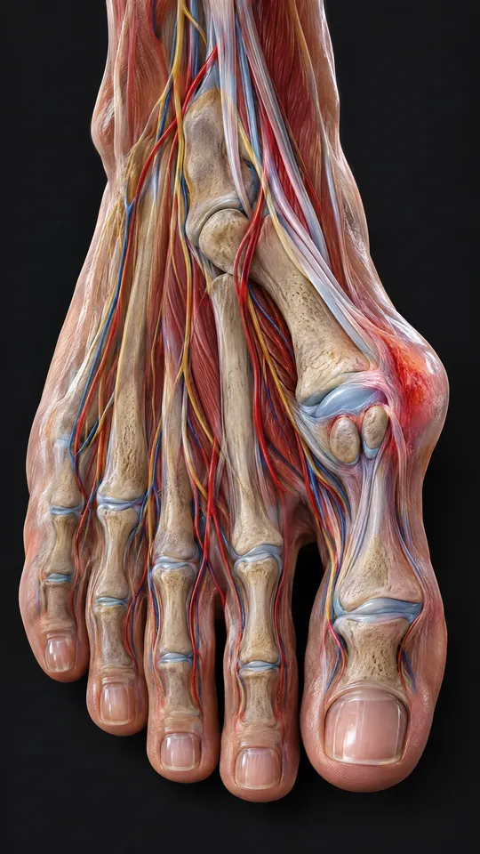Foot from above showing the big toe angled toward the second toe and a bony bump at its base