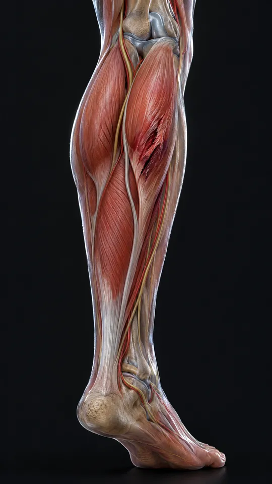 Back of the lower leg showing the calf muscles and Achilles tendon with a small tear in the calf muscle