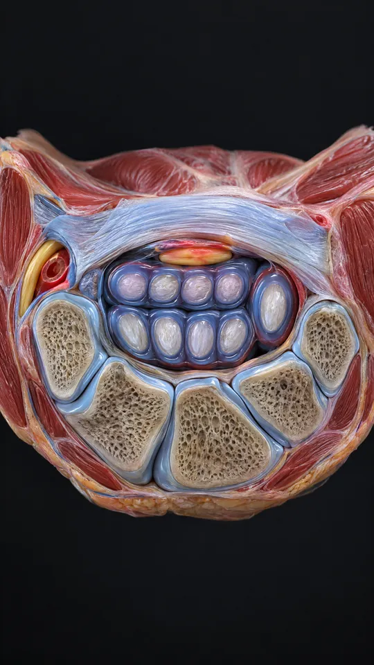 Cross-section of the wrist showing the carpal bones, the ligament roof, the tendons and the median nerve pressed beneath the ligament