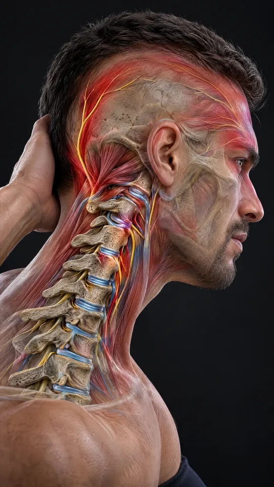 Side of the head and neck showing the top neck joints and the area where the pain is felt in the head