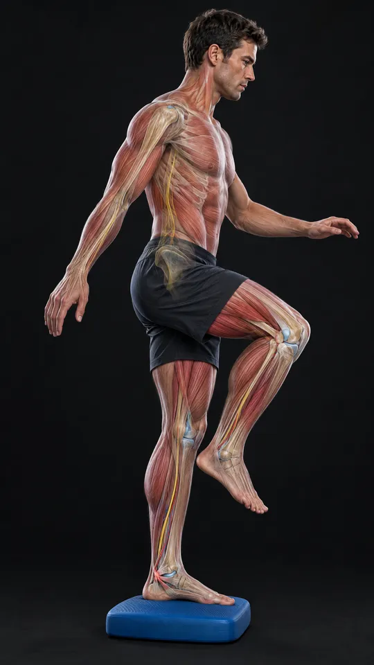 Man balancing on one leg with the loose ligaments on the outer ankle shown