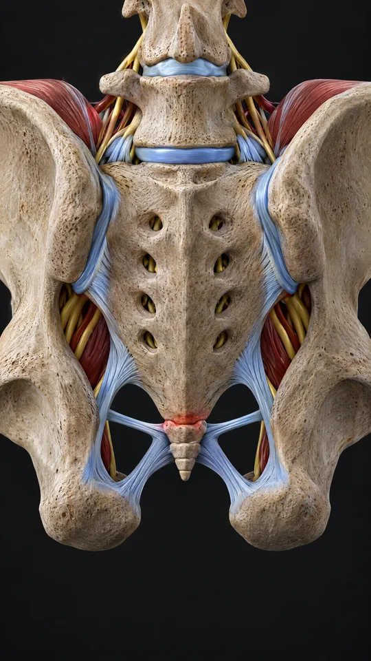 Pelvis from behind showing the small tailbone at the base of the sacrum between the two sit bones, with its joint irritated