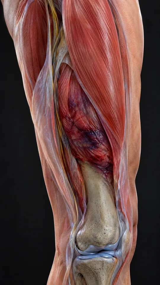 Front of the thigh showing deep bruising in the quadriceps muscle where it sits against the thigh bone