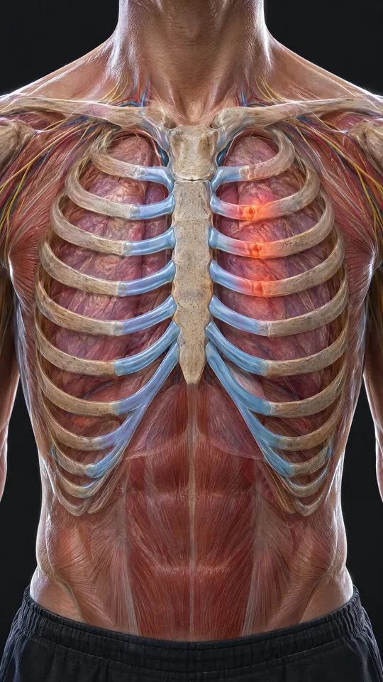 Front of the rib cage showing the cartilage joining the ribs to the breastbone, with a few junctions irritated