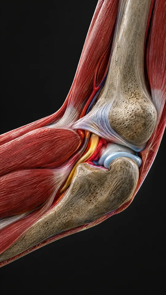 Inner side of a bent elbow showing the ulnar nerve compressed in its narrow tunnel