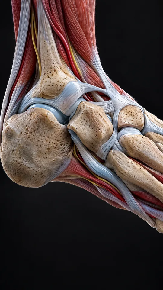 Outer side of the foot showing the cuboid bone in front of the heel bone and the tendon running beneath it