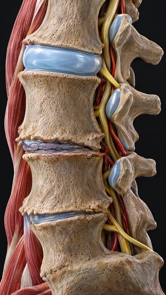 Side of the lower spine showing one thin, worn disc beside healthy discs