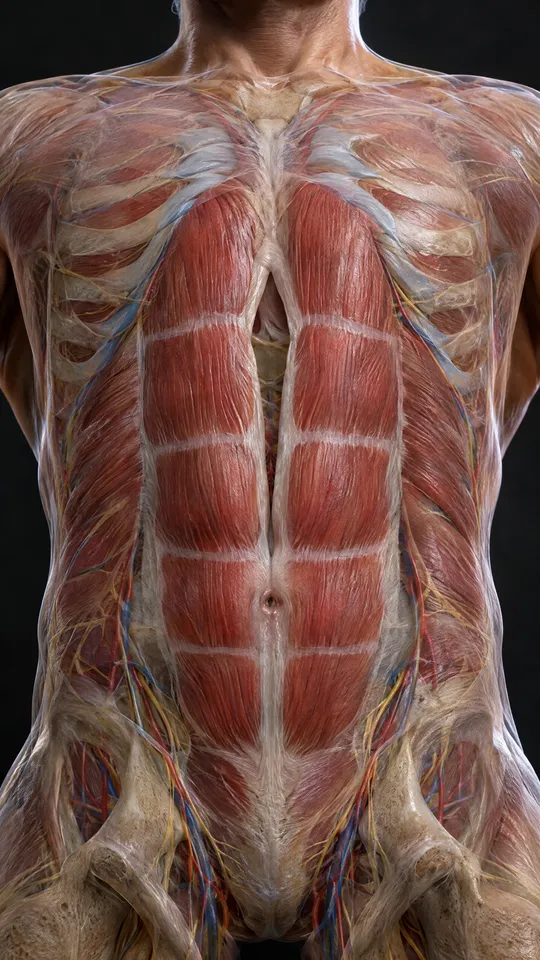 Front of the abdomen showing a widened gap between the two long abdominal muscles